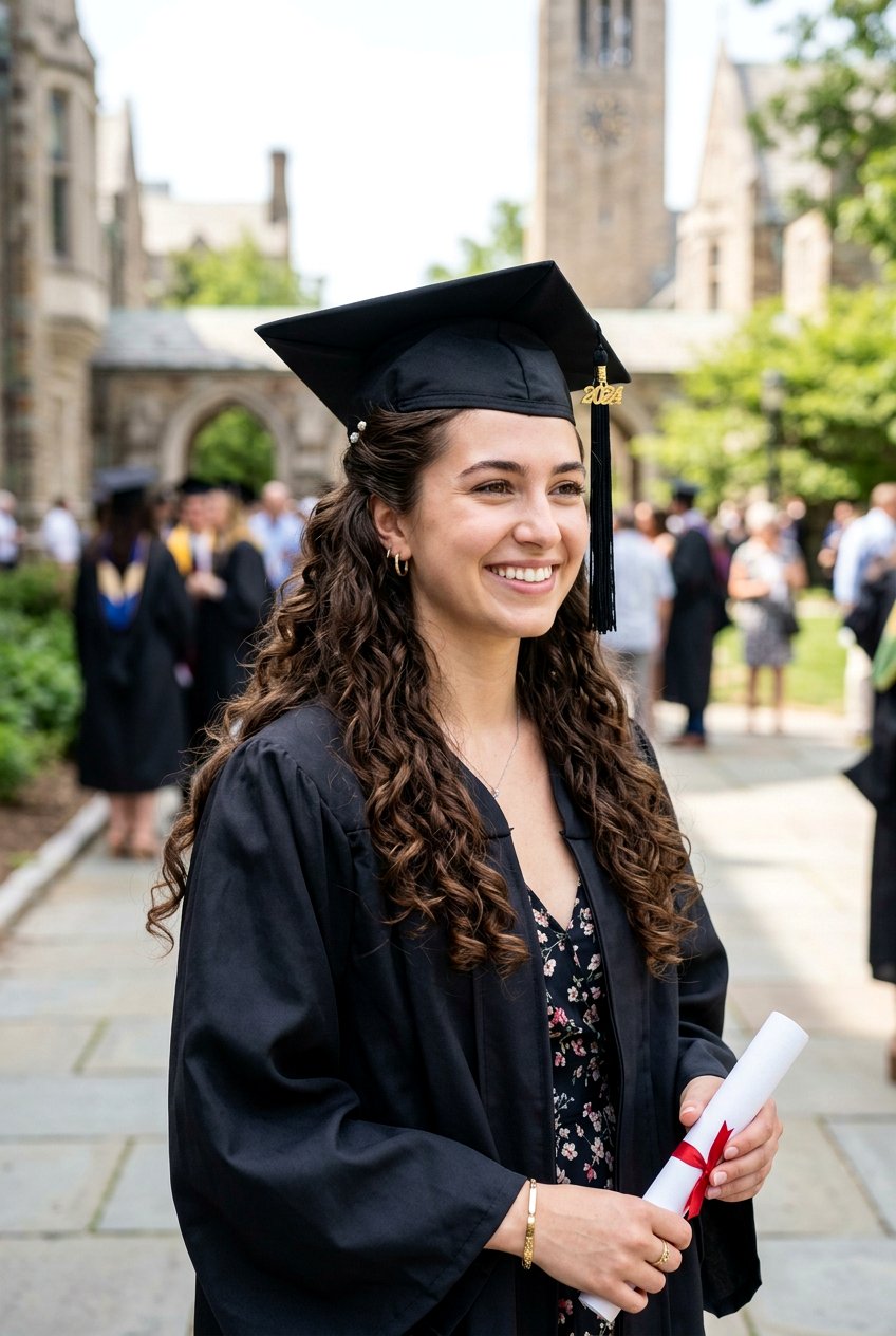 Half Up Half Down Loose Curls With Graduation Cap - 20 graduation half up hairstyle with cap - 20 graduation half up hairstyle with cap