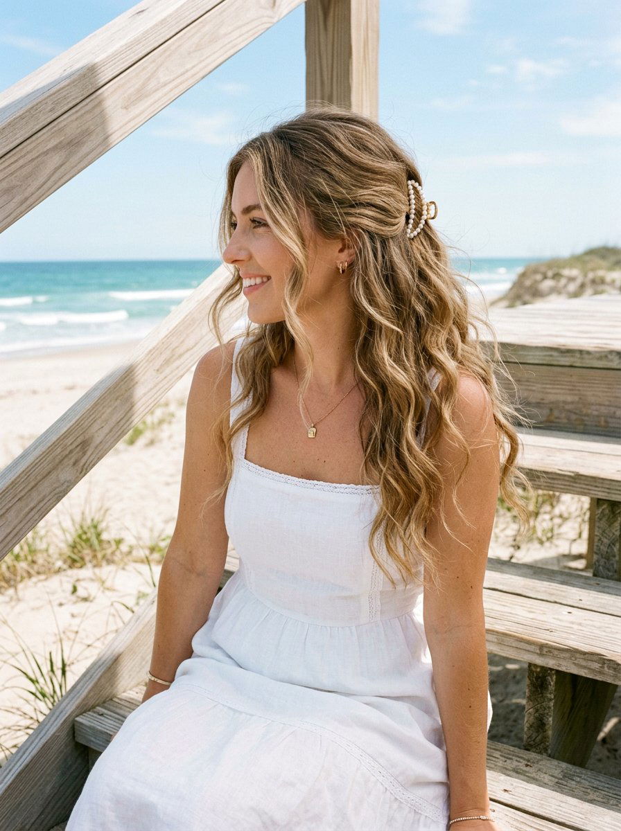 Half Up Half Down Low Beach Waves - 20 vacation hairstyle with low beach waves - 20 vacation hairstyle with low beach waves
