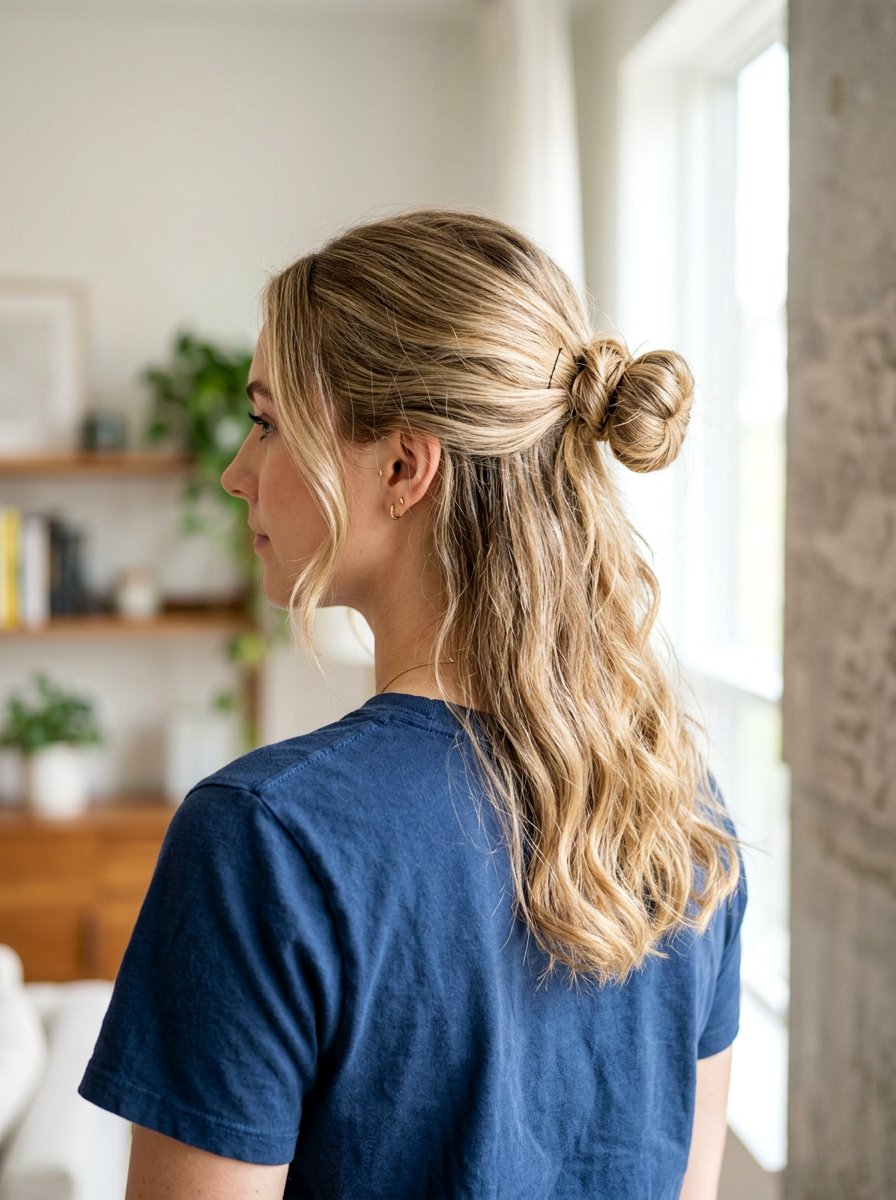 Half Up Half Down Low Bun - 20 yoga hairstyle with low bun - 20 yoga hairstyle with low bun