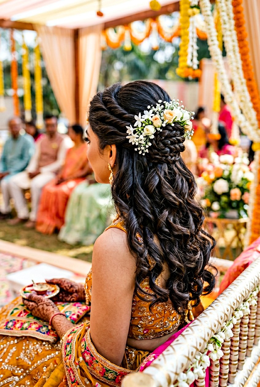 Half Up Half Down Mehndi Look - 20 mehndi hairstyles - 20 mehndi hairstyles