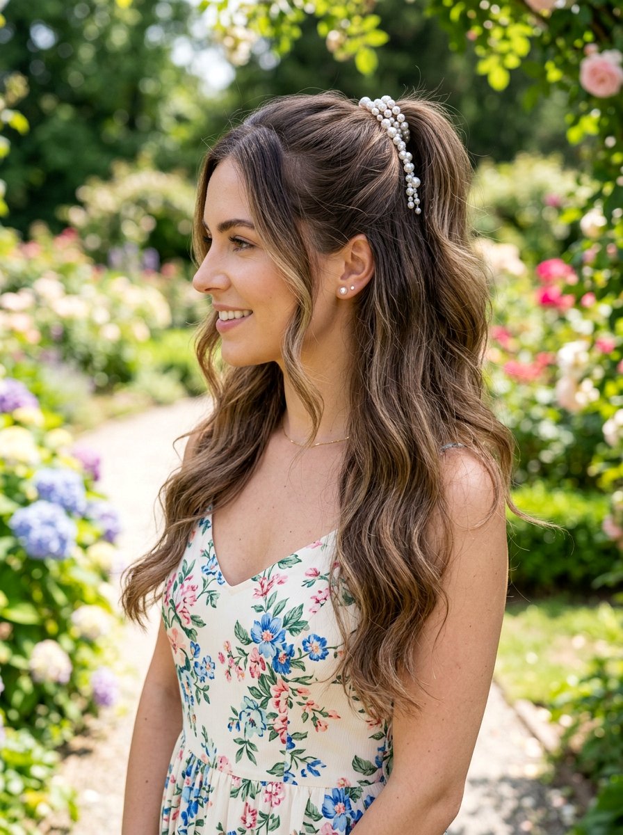 Half Up Half Down Pearl Ponytail - 20 party hairstyle with pearl ponytail - 20 party hairstyle with pearl ponytail