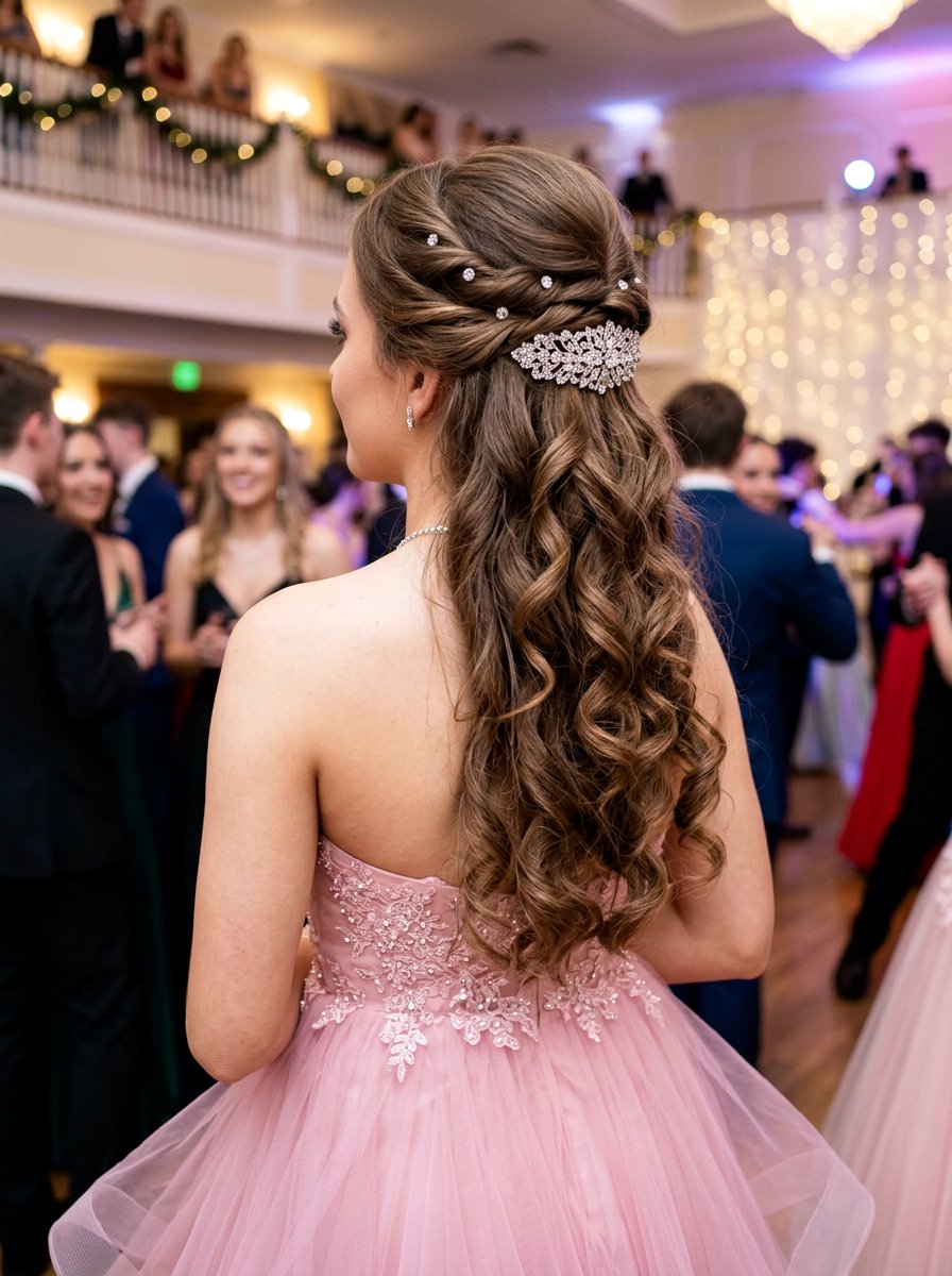 Half Up Half Down Prom Hair With Rhinestones - 20 prom hairstyles with rhinestone clips - 20 prom hairstyles with rhinestone clips