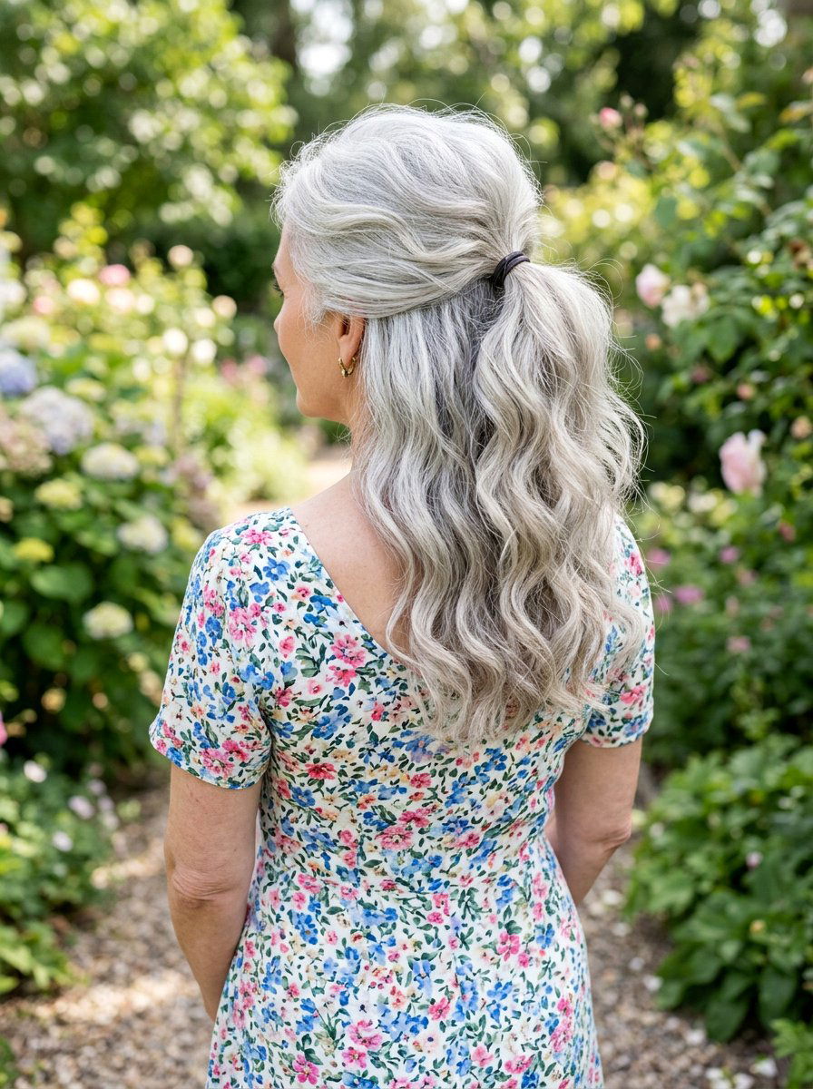 Half Up Half Down Silver Ponytail - 20 classy silver ponytail hairstyle - 20 classy silver ponytail hairstyle