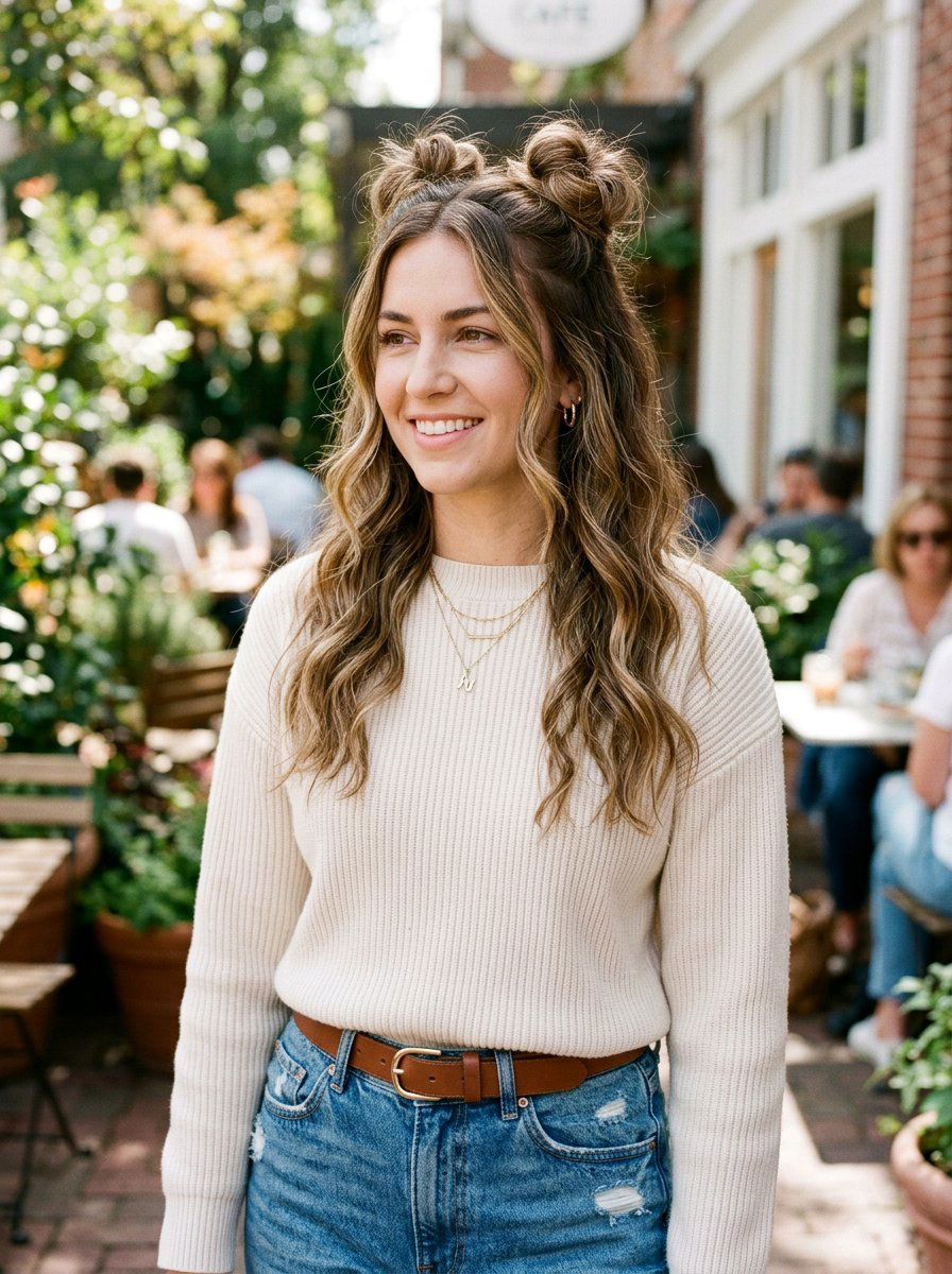 Half Up Half Down Space Buns - 20 cute hairstyle for brunch with friends - 20 cute hairstyle for brunch with friends