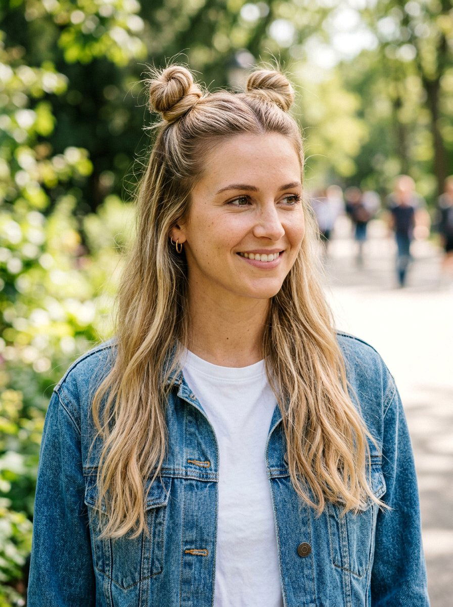 Half Up Half Down Space Buns - 20 quick hairstyle for college classes - 20 quick hairstyle for college classes