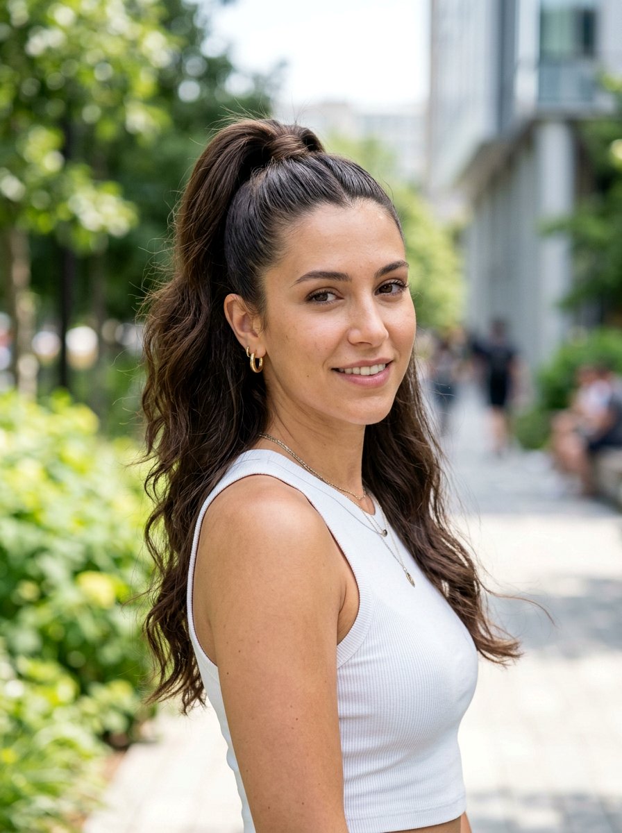 Half Up Half Down Track Ponytail - 20 track hairstyle with slick ponytail - 20 track hairstyle with slick ponytail