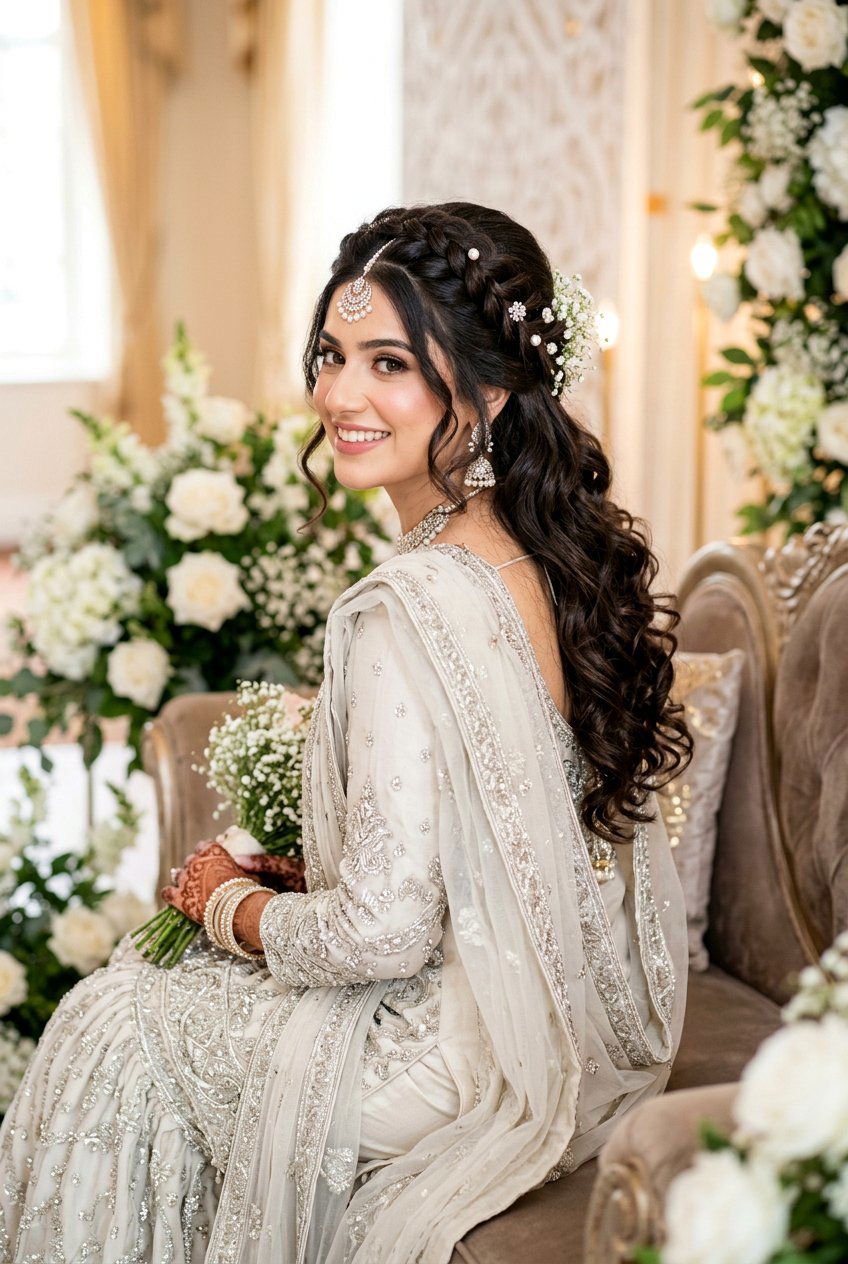 Half Up Half Down Walima Hairstyle with Curls - 20 walima hairstyles - 20 walima hairstyles