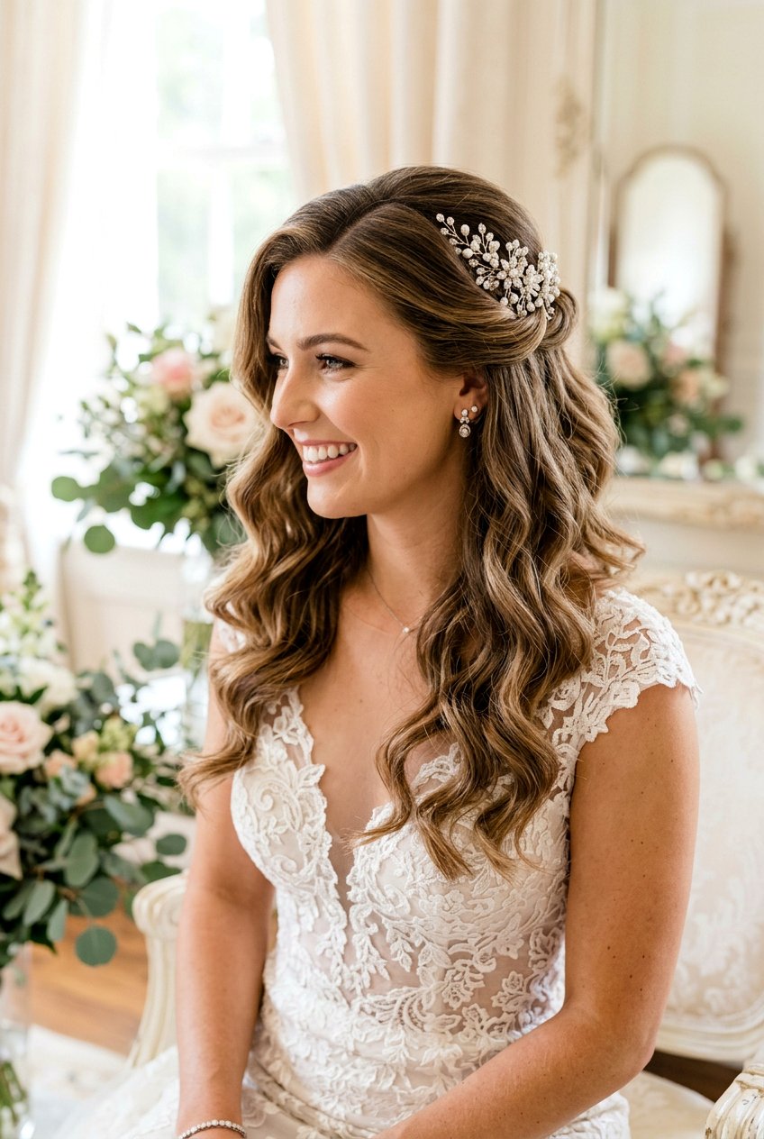 Half Up Half Down Waves - 20 bridal hairstyle with side part - 20 bridal hairstyle with side part