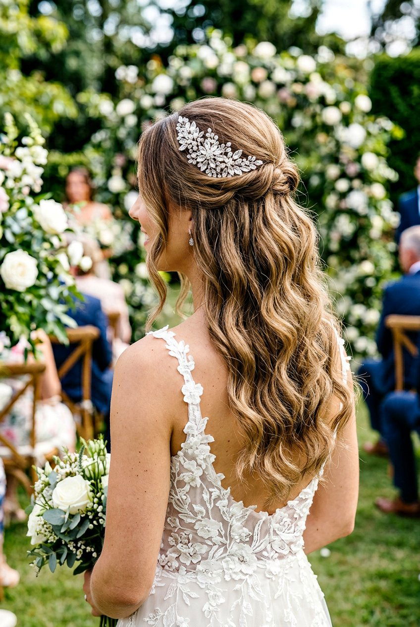 Half Up Half Down Waves - 20 bridal hairstyle with crystal comb - 20 bridal hairstyle with crystal comb