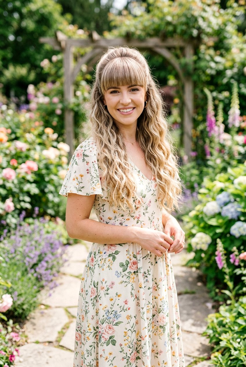 Half Up Half Down With Blunt Fringe - 20 wedding guest hairstyle for women with bangs - 20 wedding guest hairstyle for women with bangs