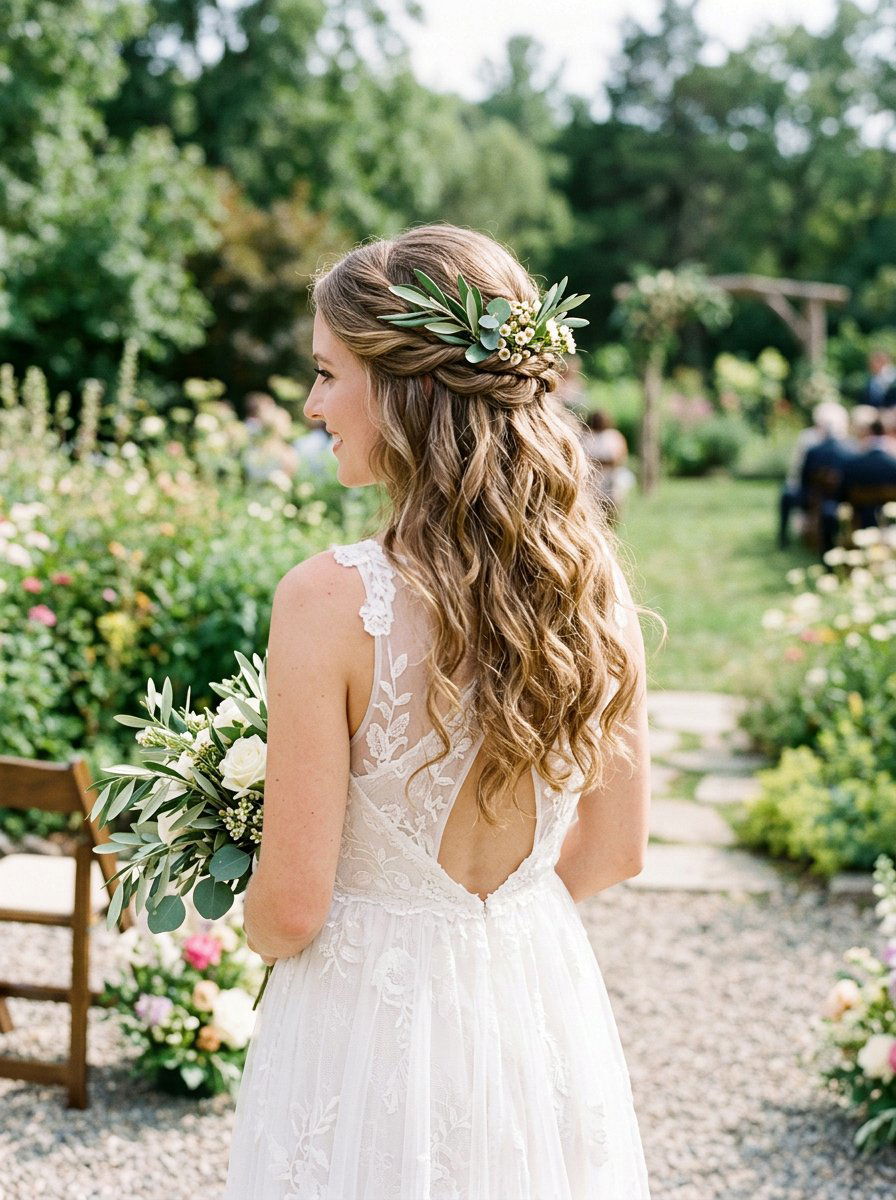 Half Up Half Down With Greenery - 20 wedding hairstyles with flowers - 20 wedding hairstyles with flowers