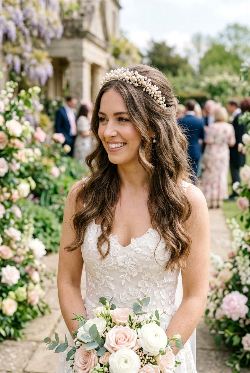 Half Up Half Down With Pearl Headband - 20 bridal hairstyle with pearl headband - 20 bridal hairstyle with pearl headband