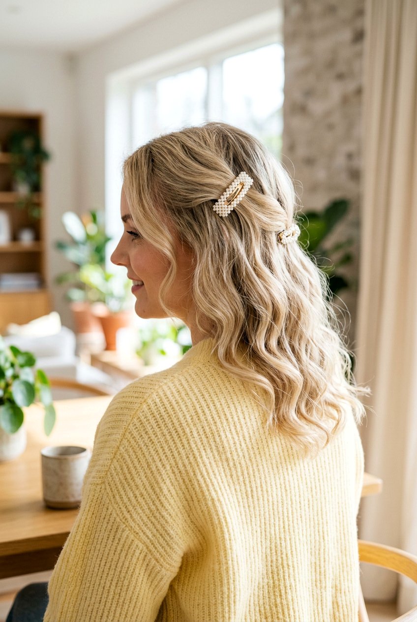 Half Up Half Down With Pearl Snap Clips - 20 school hairstyle with pearl clips - 20 school hairstyle with pearl clips