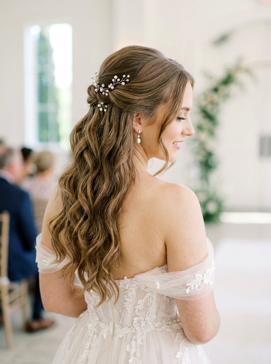 Half Up Half Down With Pearls - 20 wedding hairstyles for elopement - 20 wedding hairstyles for elopement