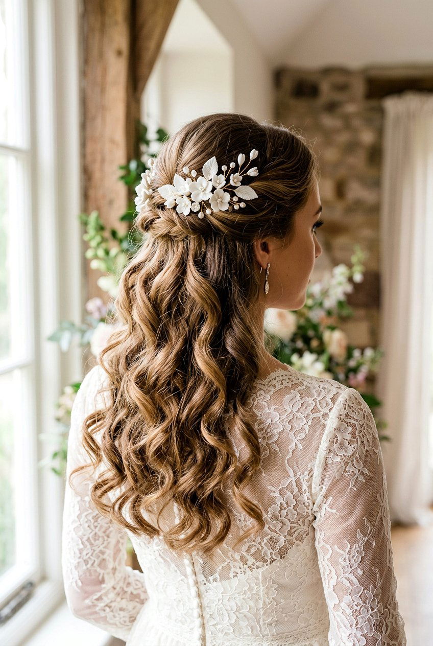 Half Up Half Down With Porcelain Blossom Pins - 20 bridal hairstyle with floral pins - 20 bridal hairstyle with floral pins
