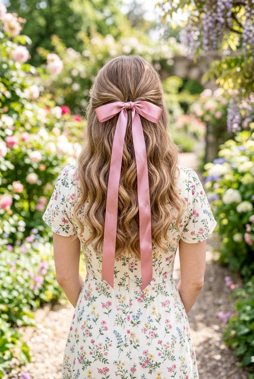 Half Up Half Down With Silk Ribbon - 20 coquette hairstyle with ribbon bow - 20 coquette hairstyle with ribbon bow