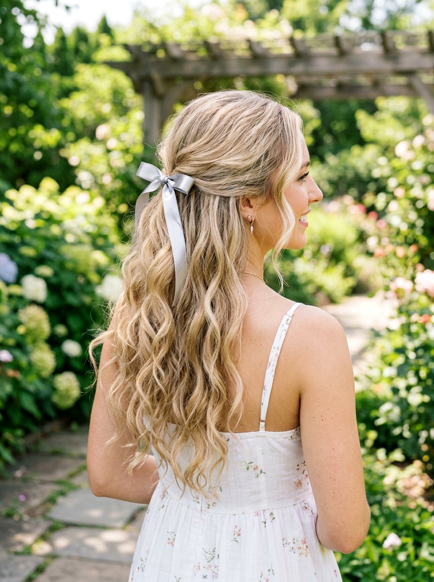 Half Up Half Down With Silver Ribbon - 20 silver ribbons for shoulder length hair - 20 silver ribbons for shoulder length hair