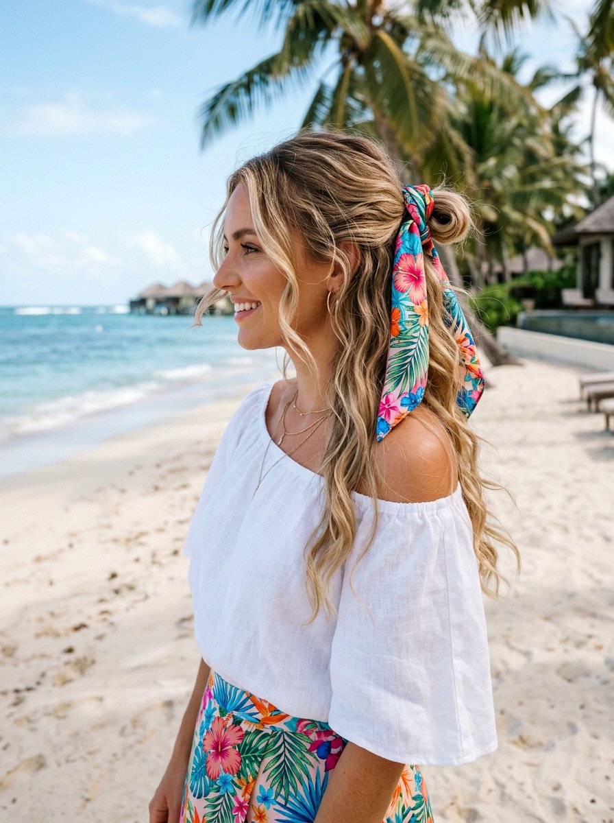 Half Up Half Down With Tropical Scarf - 20 vacation hairstyle with tropical scarf - 20 vacation hairstyle with tropical scarf