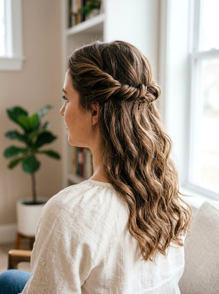 Half Up Half Down With Twisted Sides - 20 quick office hairstyle for medium hair - 20 quick office hairstyle for medium hair