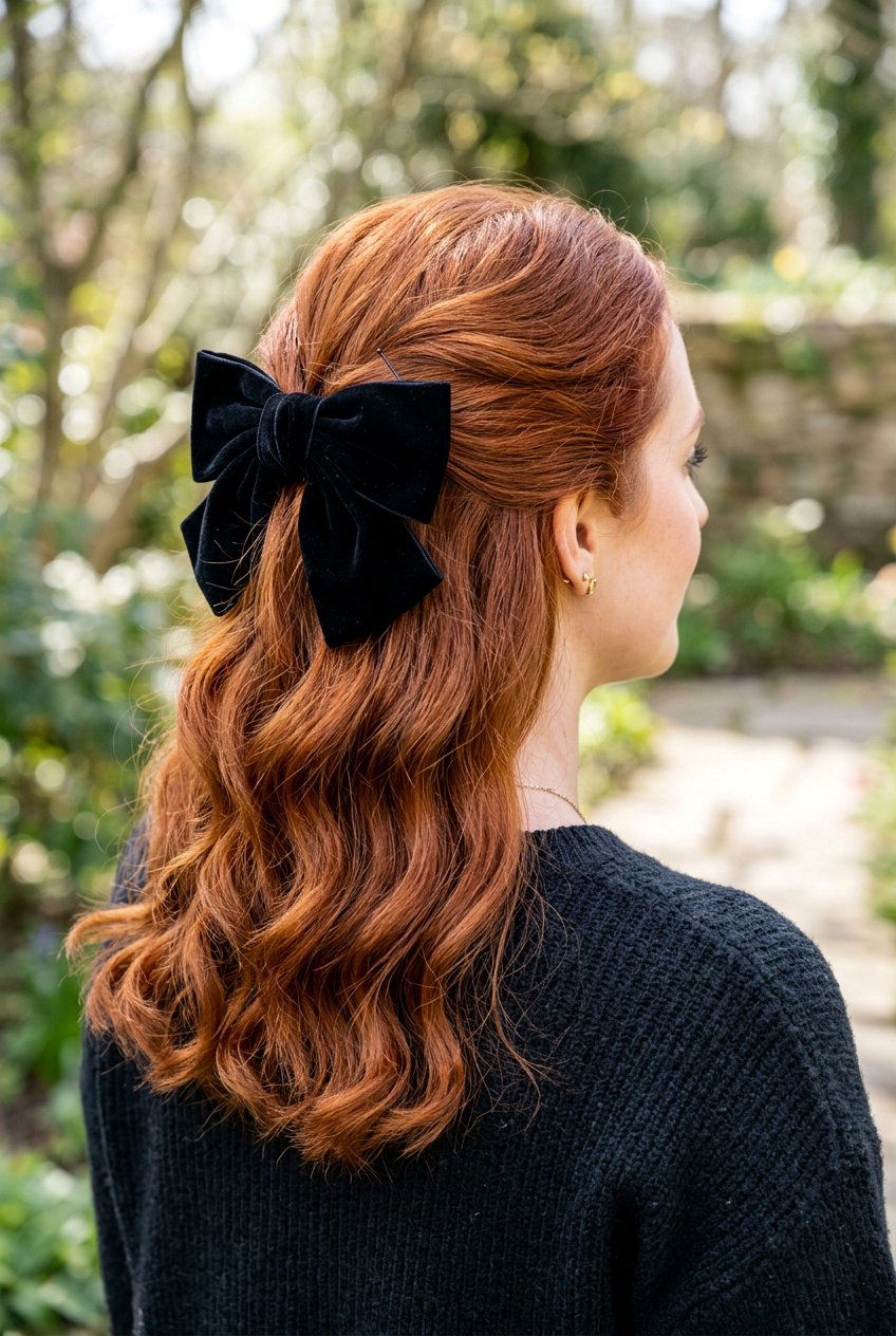 Half Up Half Down With Velvet Bow - 20 half up half down prom hairstyles - 20 half up half down prom hairstyles