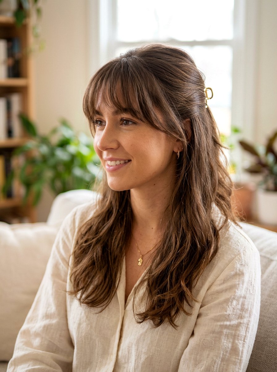 Half Up Half Down With Wispy Bangs - 20 office hairstyle for women with bangs - 20 office hairstyle for women with bangs