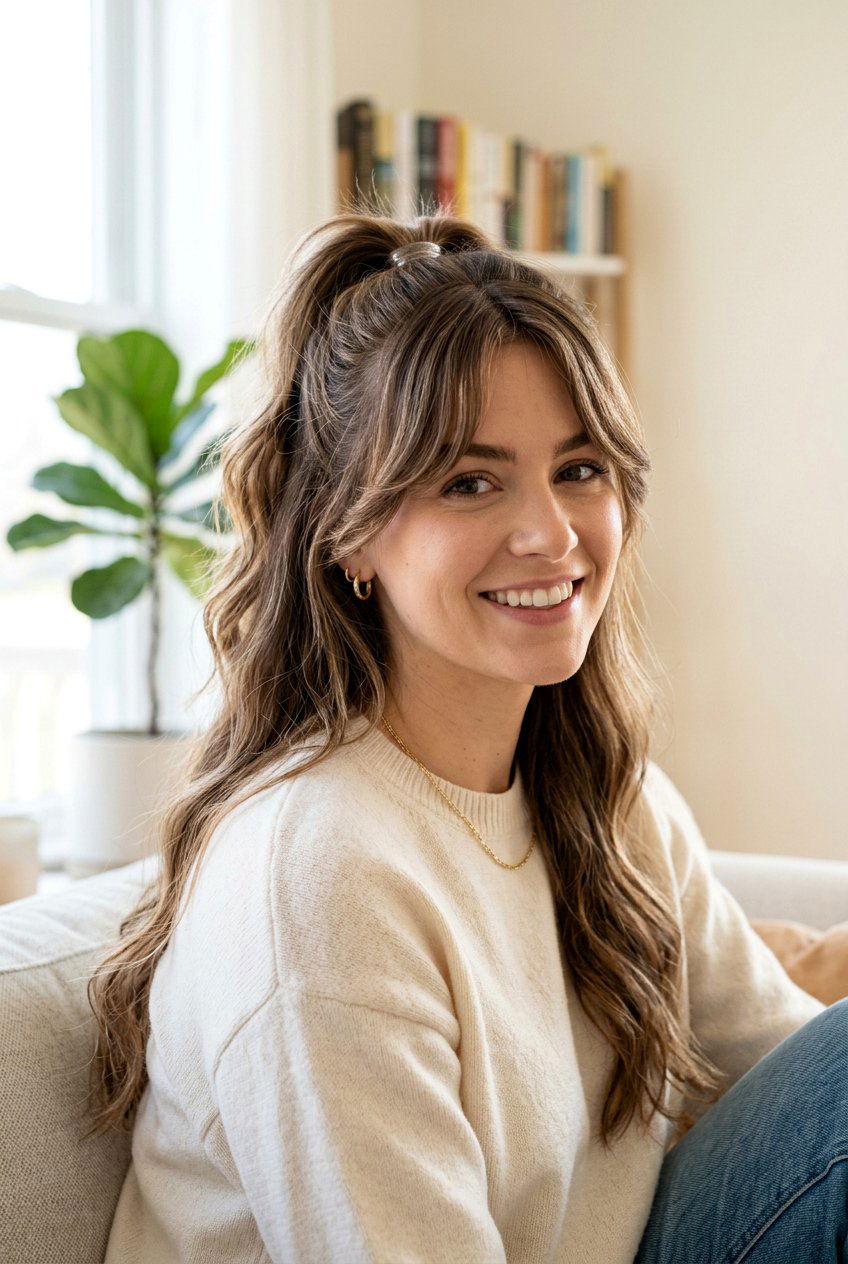 Half Up Half Down with Curtain Bangs - 20 haircuts for big forehead - 20 haircuts for big forehead