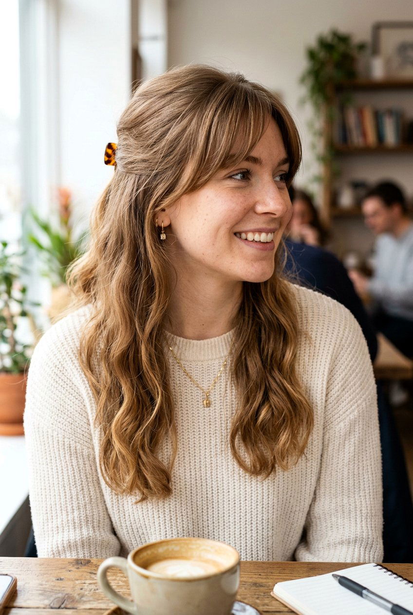 Half Up Half Down with Side Bangs - 20 hairstyles for receding hairline women - 20 hairstyles for receding hairline women