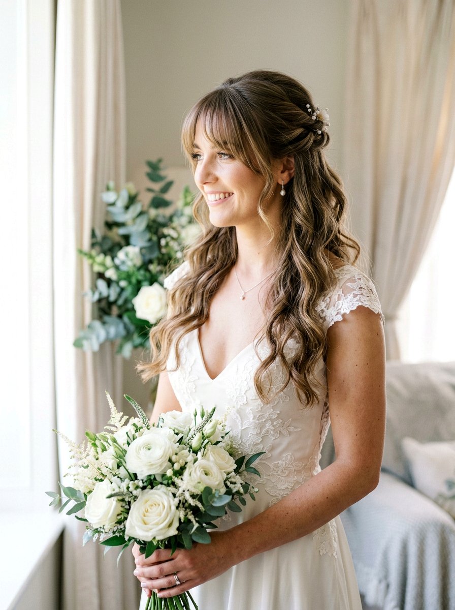 Half Up Half Down with Wispy Bangs - 20 wedding hairstyles for brides with bangs - 20 wedding hairstyles for brides with bangs