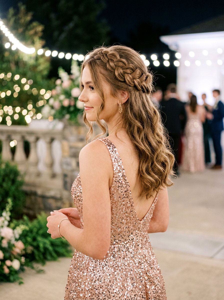 Half Up Halo Braid With Soft Waves - 20 prom half up curls with braids - 20 prom half up curls with braids