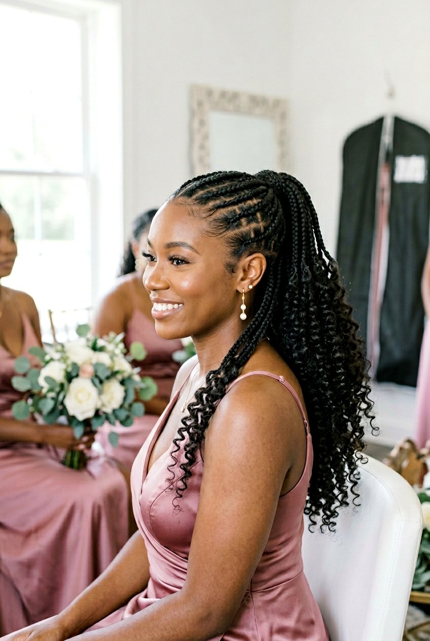 Half Up Knotless Braid Ponytail with Curly Down Section - 20 bridesmaid braid ponytail for black women - 20 bridesmaid braid ponytail for black women