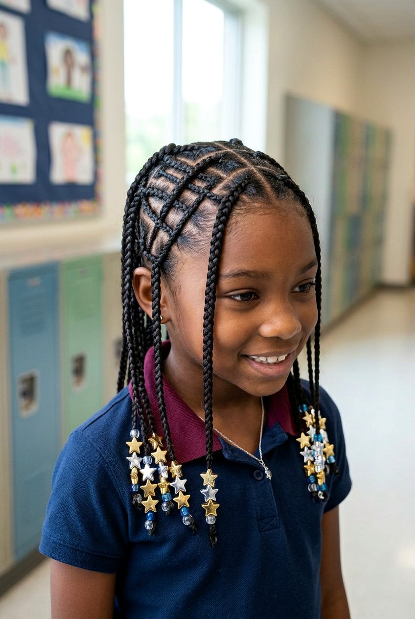 Half Up Knotless Braids with Pink Beads - 20 school braid styles for black girls with beads - 20 school braid styles for black girls with beads