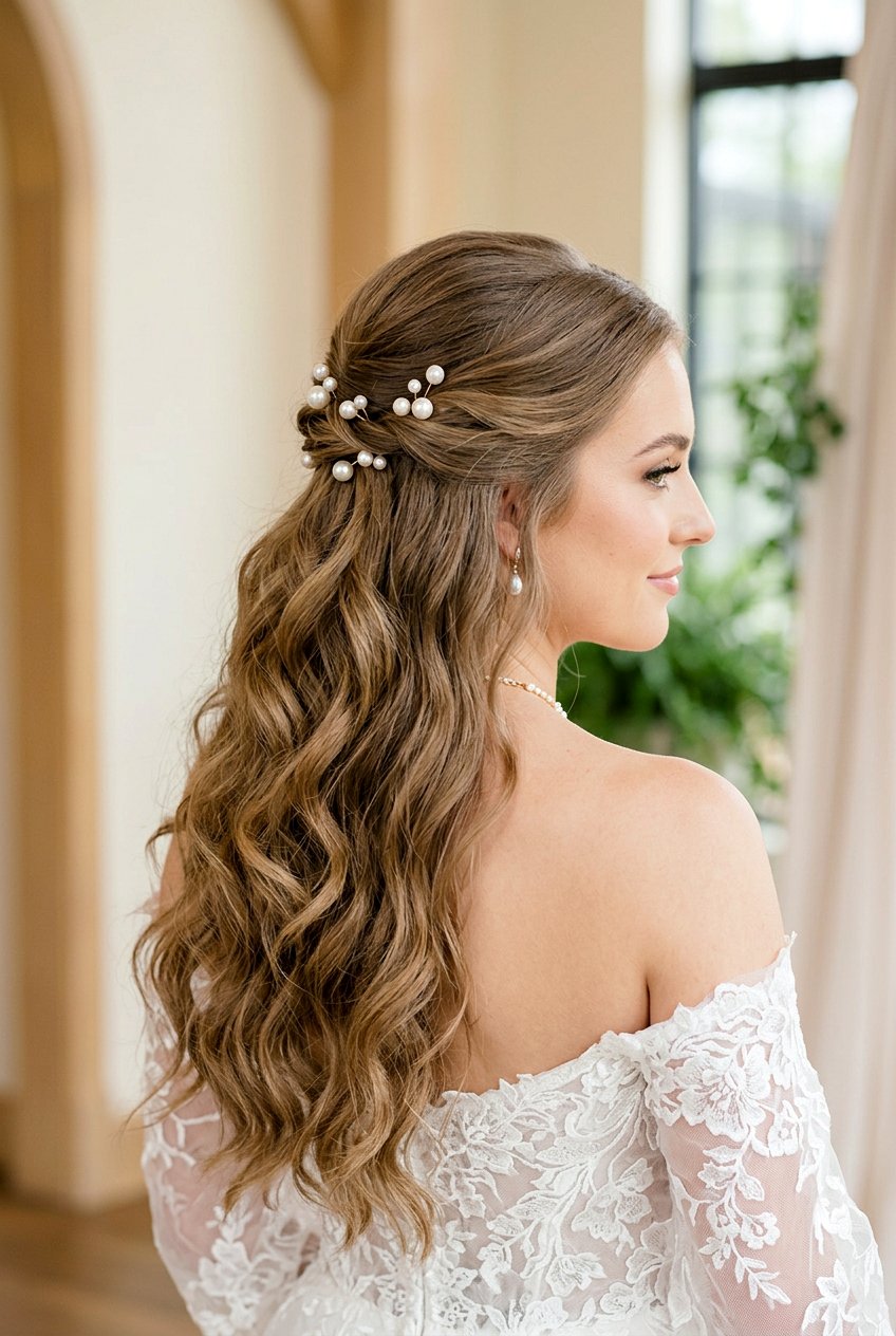 Half Up Layered Waves With Pearl Pins - 20 bridal half up with pearl pins - 20 bridal half up with pearl pins