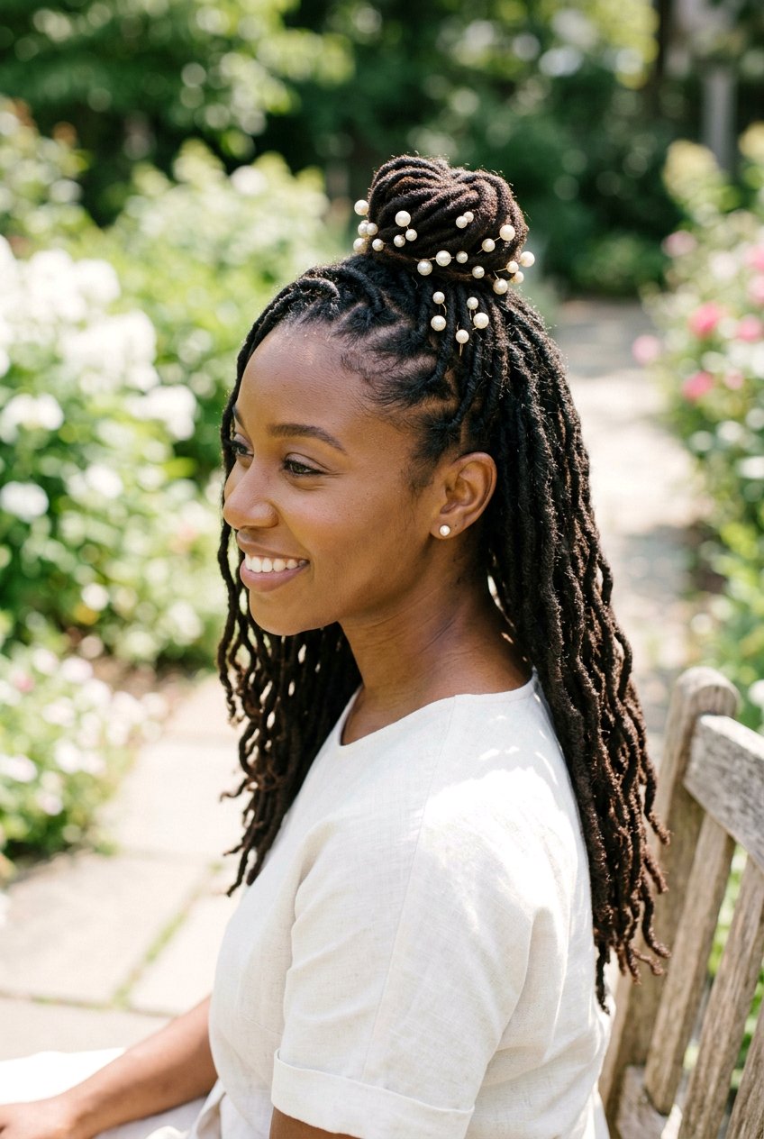 20 Elegant Bridal Loc Bun With Pearls For Your Big Day