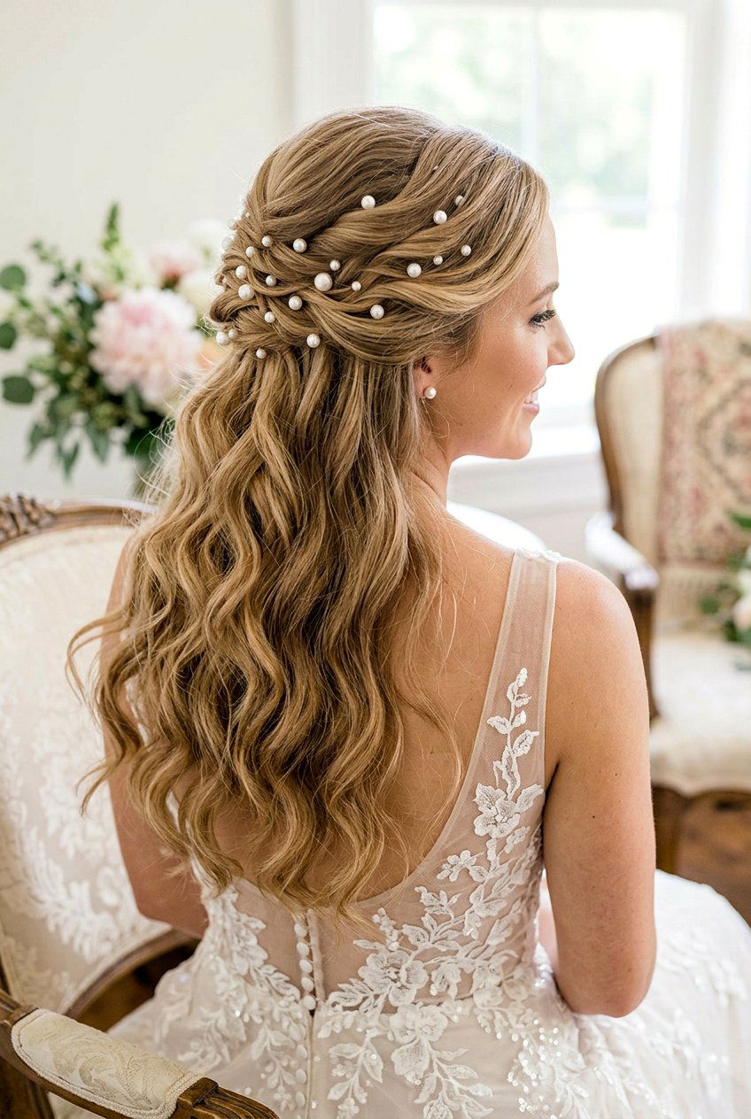 Half Up Long Hair With Pearl Pins - 20 bridal half up with pearl pins - 20 bridal half up with pearl pins