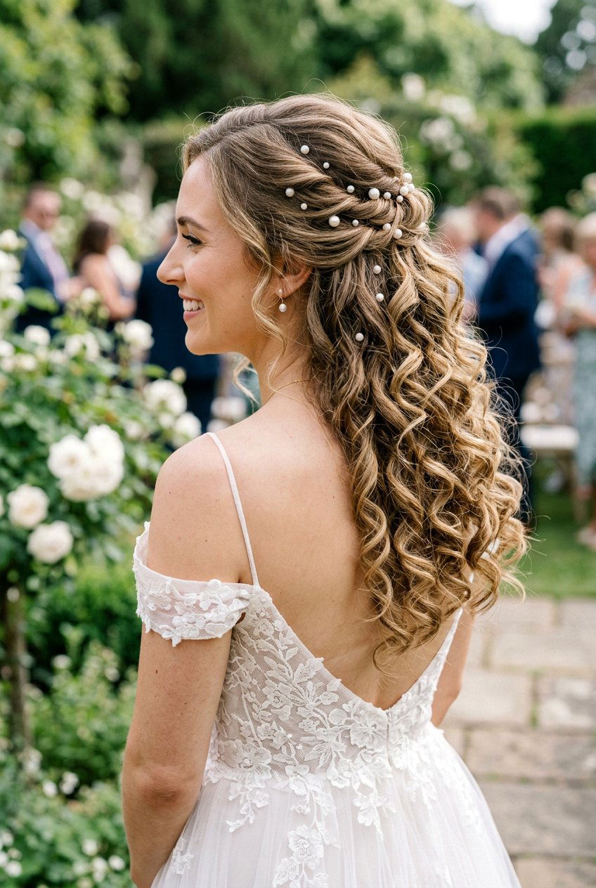 Half Up Loose Curls With Pearl Pins - 20 bridal half up with pearl pins - 20 bridal half up with pearl pins