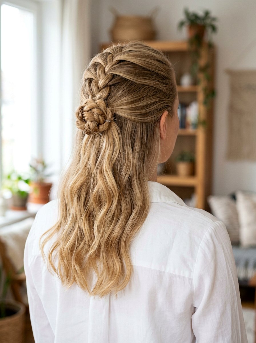 Half Up Low Braid Bun - 20 office hairstyle with low braid bun - 20 office hairstyle with low braid bun