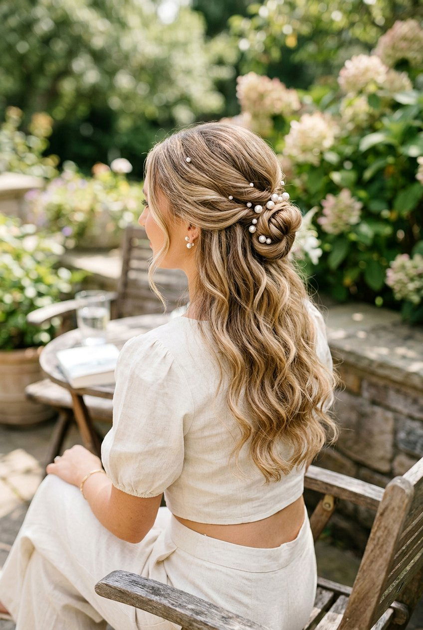 Half Up Low Bun With Pearl Details - 20 birthday hairstyle with low bun and pearls - 20 birthday hairstyle with low bun and pearls