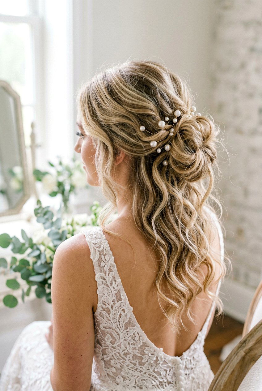 Half Up Messy Bun With Pearl Pins - 20 bridal half up with pearl pins - 20 bridal half up with pearl pins