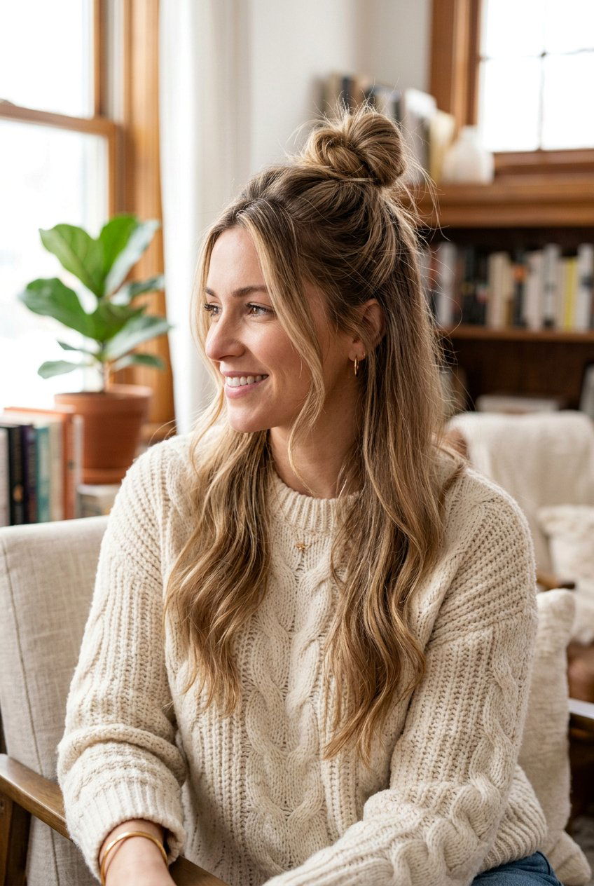 Half Up Messy Bun - 20 messy bun for moms with thin hair - 20 messy bun for moms with thin hair