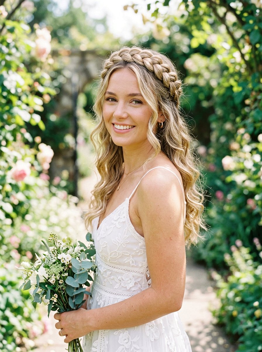 Half Up Milkmaid Braid With Beachy Curls - 20 prom half up curls with braids - 20 prom half up curls with braids