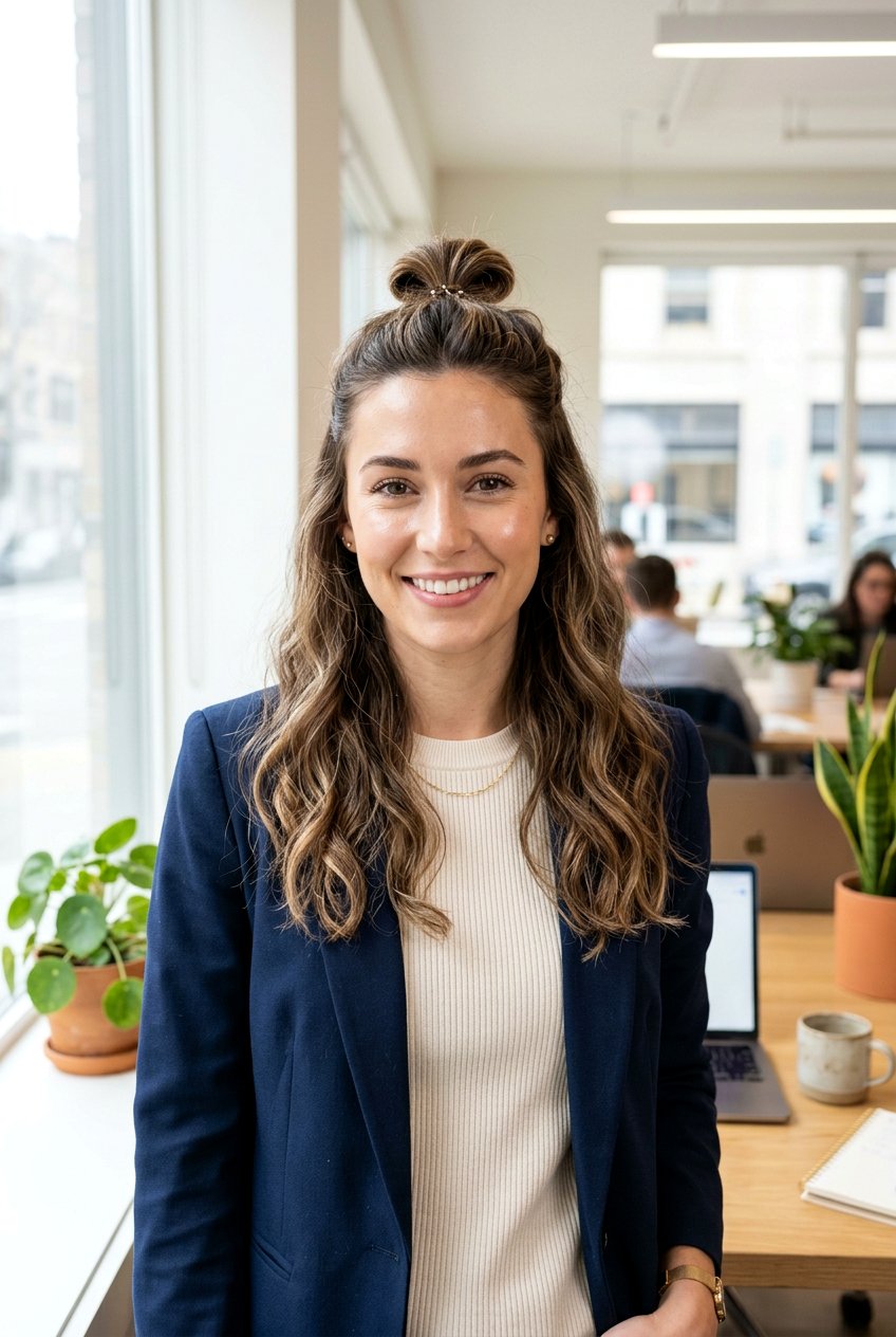 Half Up Mini Bun For Work - 20 elegant work half up hairstyle - 20 elegant work half up hairstyle