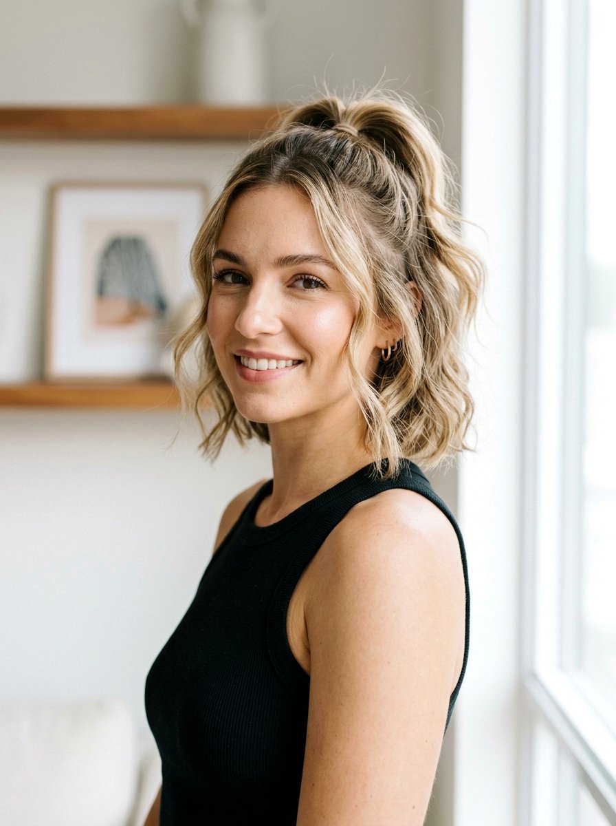 Half Up Mini Ponytail Short Bob - 20 gym hairstyle for short bob - 20 gym hairstyle for short bob