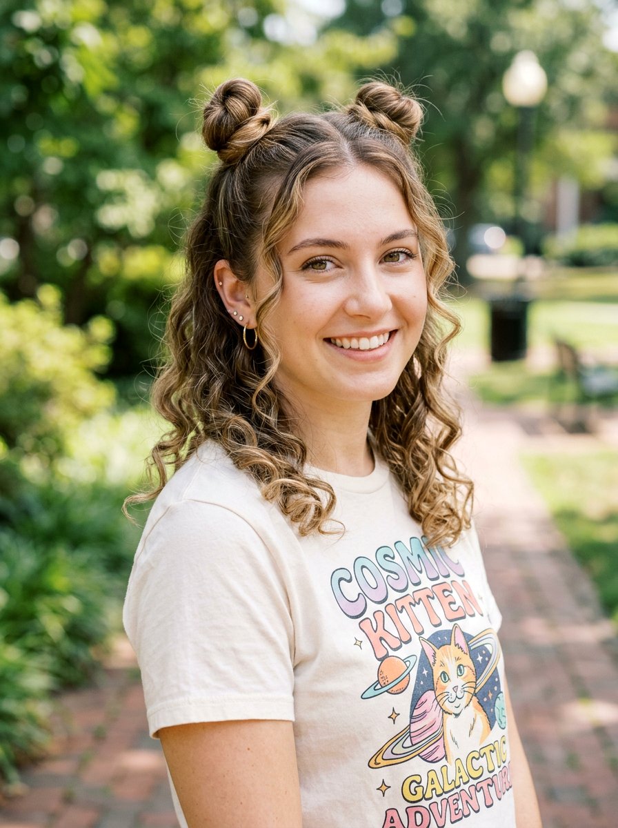 Half Up Mini Space Buns - 20 easy hairstyle for curly bob women - 20 easy hairstyle for curly bob women