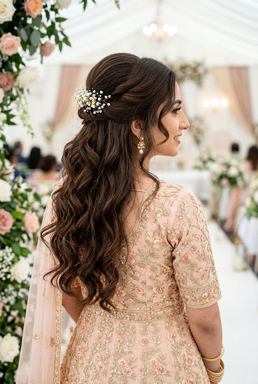 Half Up Nikah Hairstyle With Soft Curls - 20 simple nikah hairstyles - 20 simple nikah hairstyles