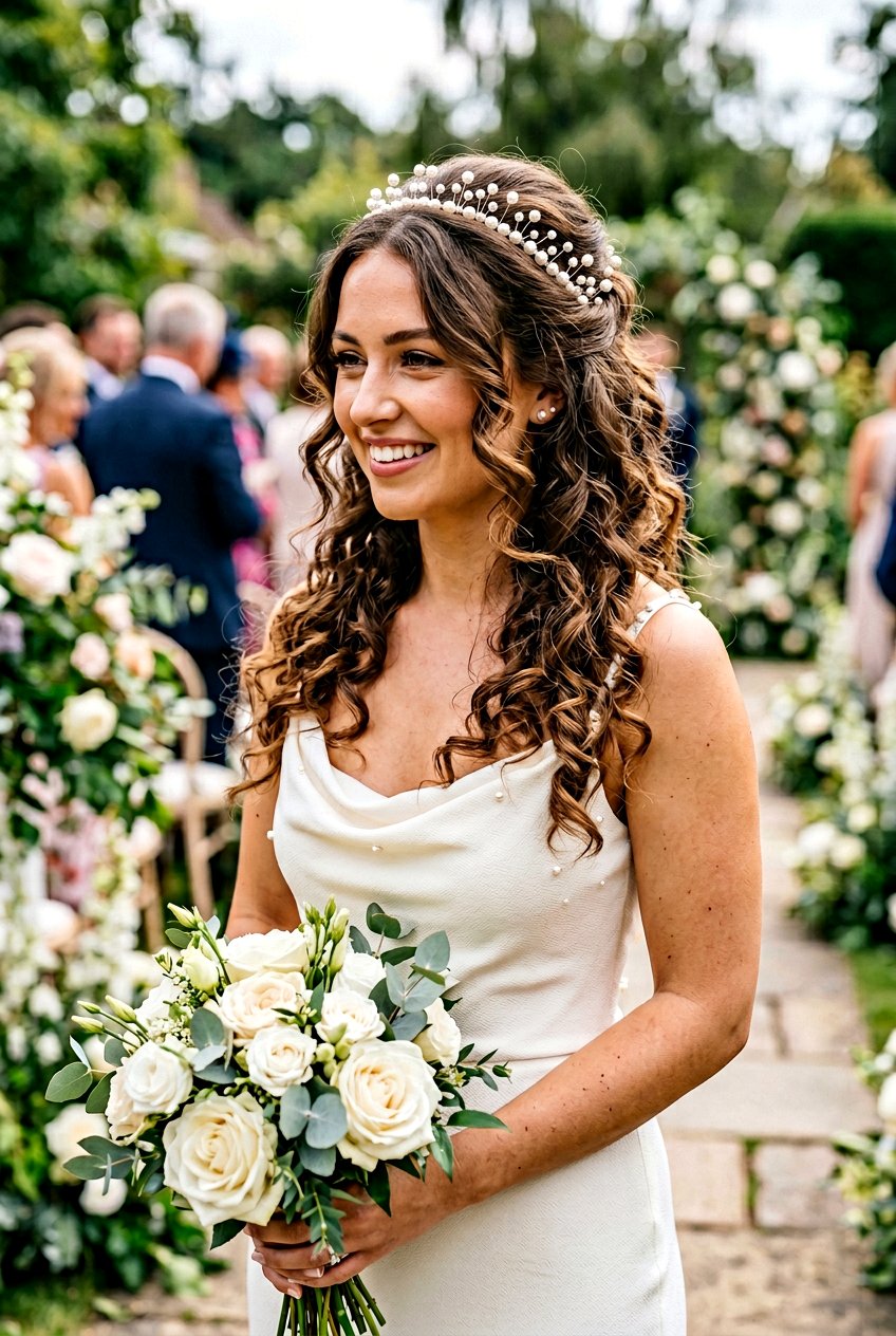 Half Up Pearl Pin Half Crown With Bouncy Curls - 20 bridesmaid half up with curls - 20 bridesmaid half up with curls