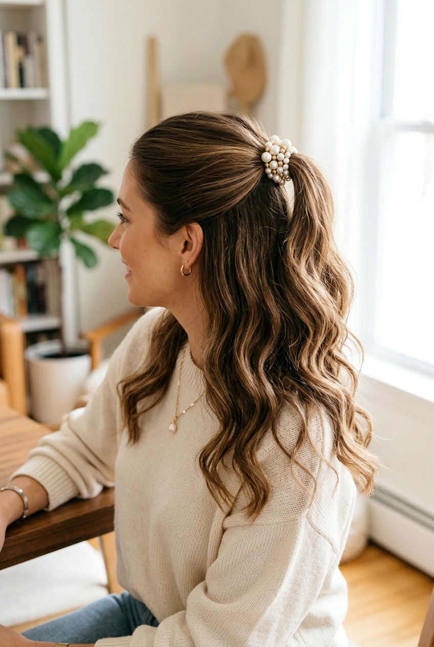 Half Up Pearl Ponytail - 20 pearl ponytail hairstyle - 20 pearl ponytail hairstyle