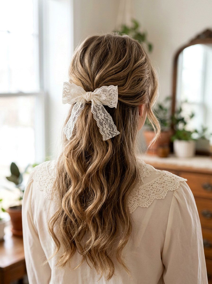 Half Up Ponytail Lace Detail - 20 light academia ponytail hairstyle - 20 light academia ponytail hairstyle