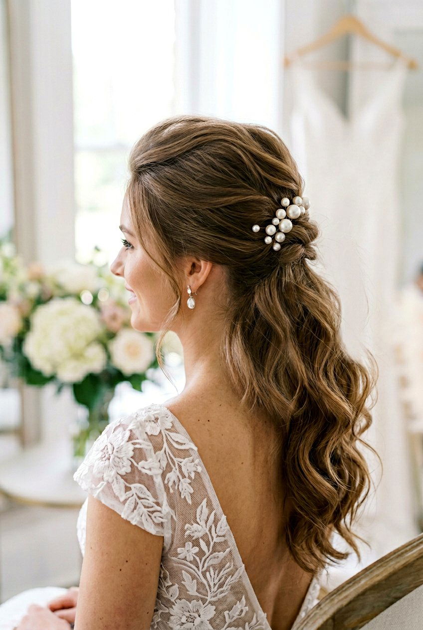 Half Up Ponytail With Pearl Pins - 20 bridal half up with pearl pins - 20 bridal half up with pearl pins