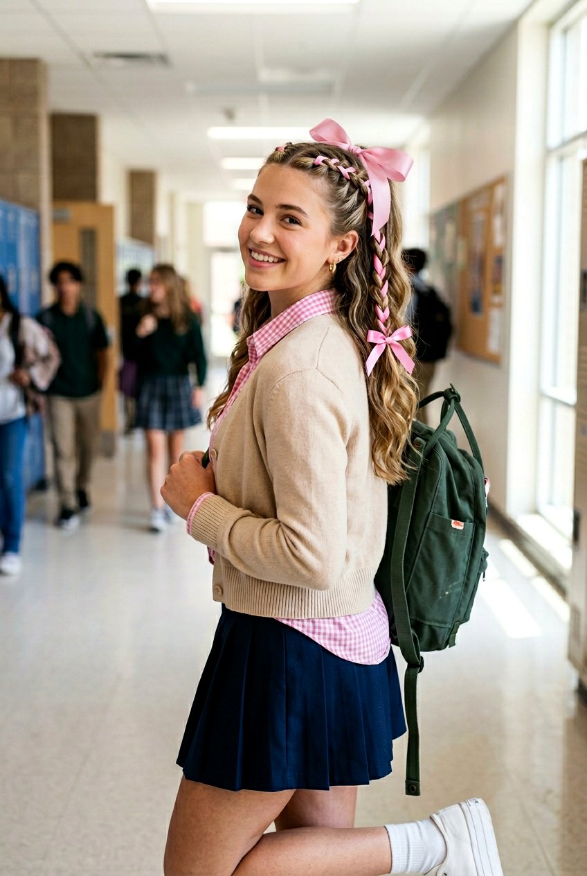 Half Up Ponytail With Ribbon Braids - 20 school hairstyle with half up ponytail - 20 school hairstyle with half up ponytail