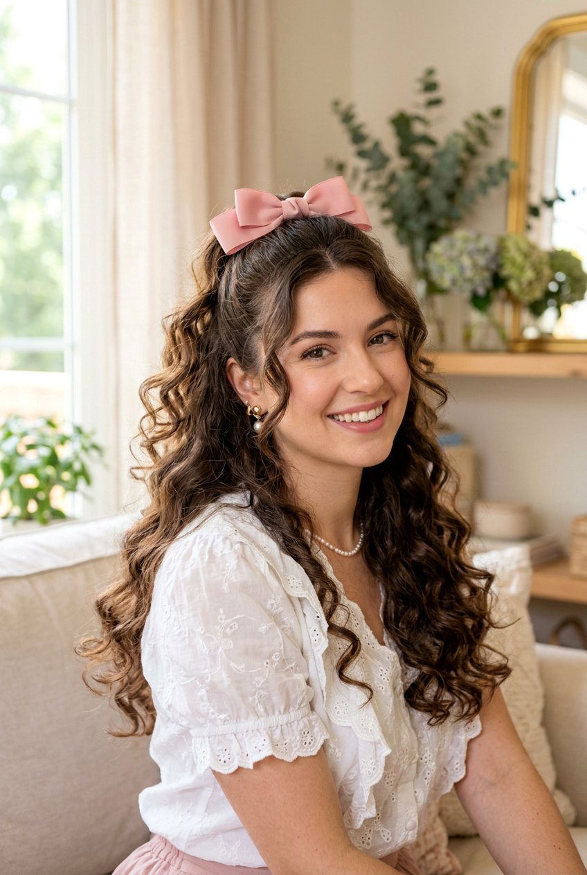 Half Up Ribbon Bow With Curls - 20 coquette ribbon hairstyle - 20 coquette ribbon hairstyle